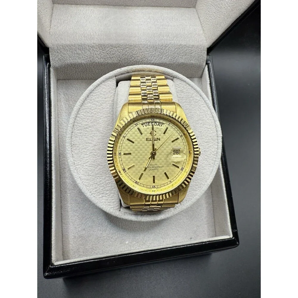 Elgin Presidential 35mm Day/Date Gold Plated Quartz Watch FC740-017 6M55-SR621SW